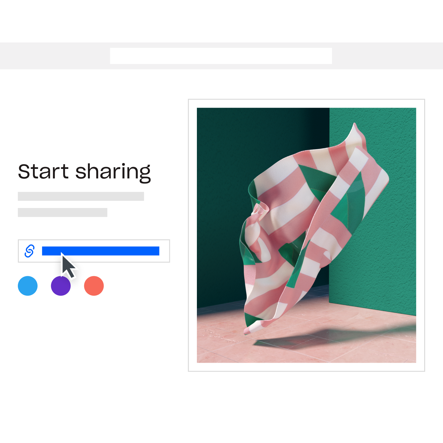 Someone clicking shareable link for Dropbox Shop listing with heading "Start sharing”